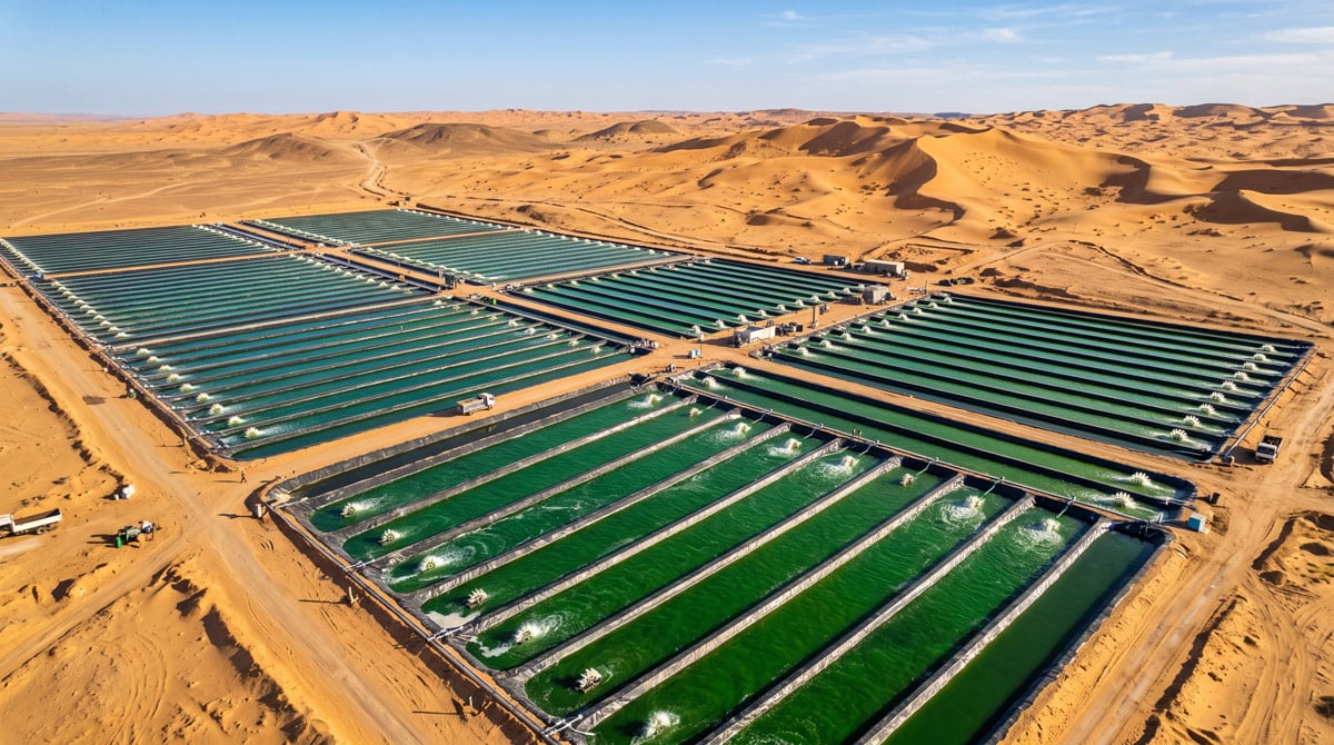 Luftaufnahme einer Spirulinafarm – grüne Becken am Rand der Wüste