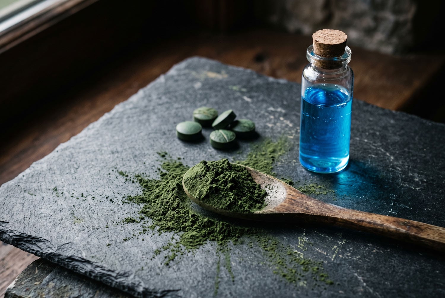 Spirulinapulver, Tabletten und leuchtend blauer Phycocyanin-Extrakt